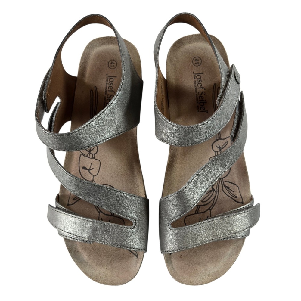 Josef Seibel Rosalie Womens 41 10.5 Metallic Silver Leather Strappy Sandals